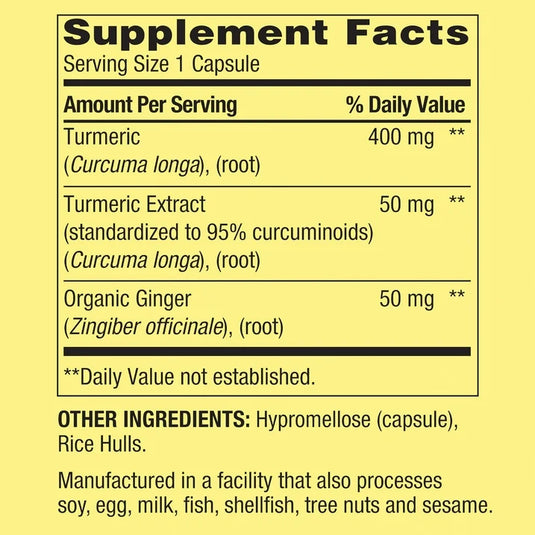 Turmeric Curcumin with Ginger Powder General Wellness Dietary Supplement Vegetarian Spring Valley Capsules, 500 mg