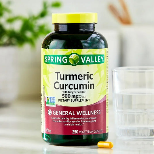 Turmeric Curcumin with Ginger Powder General Wellness Dietary Supplement Vegetarian Spring Valley Capsules, 500 mg