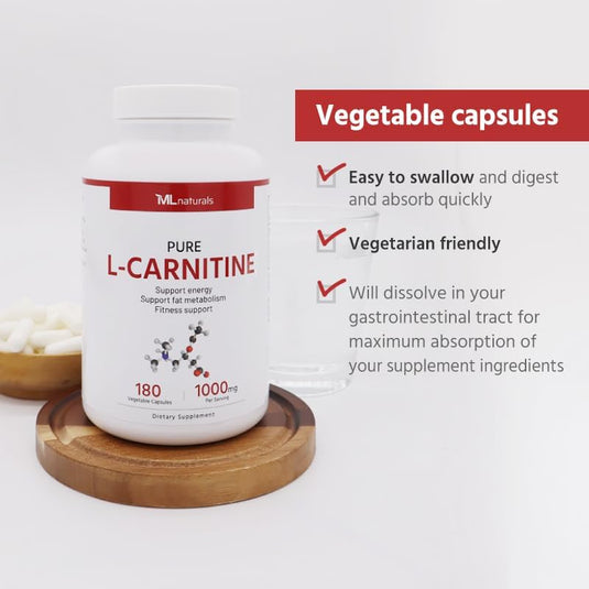 L-Carnitine 1000 mg 180 Vegan Capsules.99.9% Purity L-Carnitine. Supports Energy Production