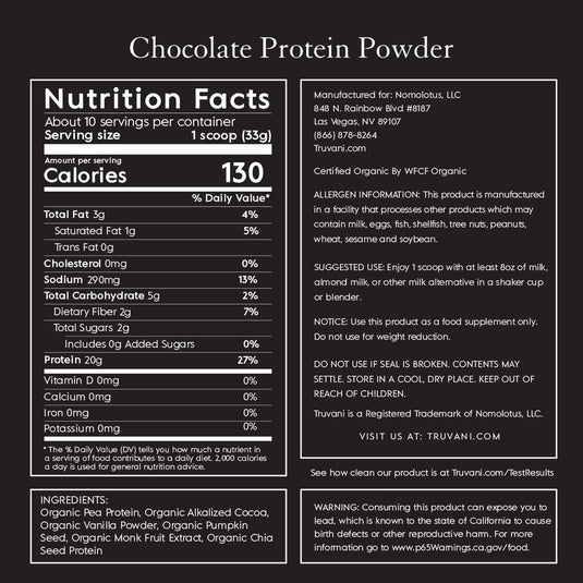 Truvani Vegan Protein Powder | Chocolate | 20g Organic Plant Based Protein