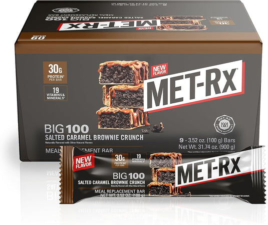 MET-Rx Big 100 Protein Bar, Meal Replacement Bar, 30G Protein, Salted Caramel Brownie Crunch