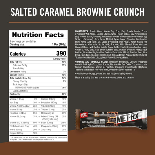 MET-Rx Big 100 Protein Bar, Meal Replacement Bar, 30G Protein, Salted Caramel Brownie Crunch