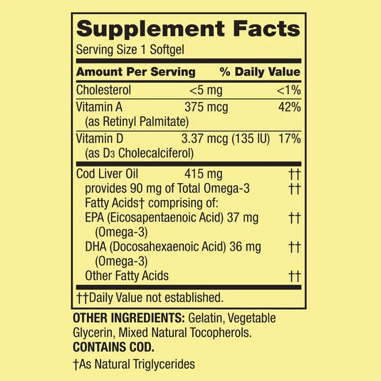 Cod Liver Oil plus Vitamins A & D3 Immune Health Dietary Supplement Softgels, 100 Count