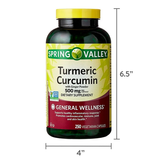 Turmeric Curcumin with Ginger Powder General Wellness Dietary Supplement Vegetarian Spring Valley Capsules, 500 mg